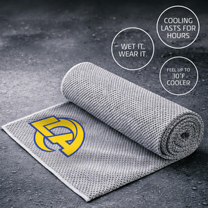 Grey cooling towel with Los Angeles Rams logo and text highlighting cooling benefits