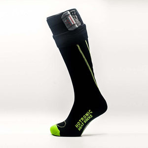 Hotronic black heated sock with green toe and battery pack attached