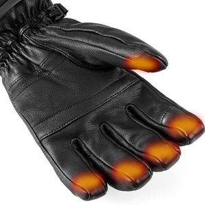 Savior Heat black leather glove with glowing orange heating elements at the fingertips