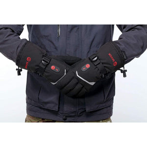Person wearing black Savior Heat heated gloves with red power buttons