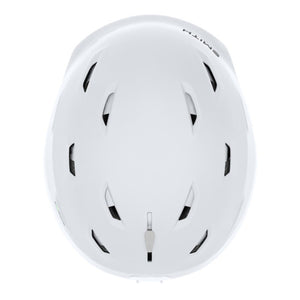 Top view of a white Smith Optics ski helmet with ventilation ports