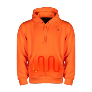 Mobile Warming orange hooded sweatshirt with visible heating element graphic on front pocket