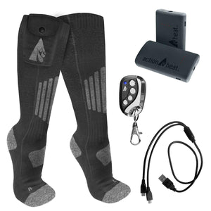 ActionHeat black heated socks with battery packs remote control and charging cable