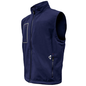 Navy blue softshell vest with zipper pockets and reflective trim