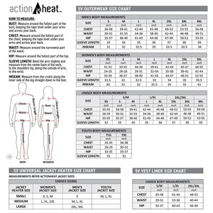 ActionHeat 5V outerwear size chart with measurement instructions and body diagrams