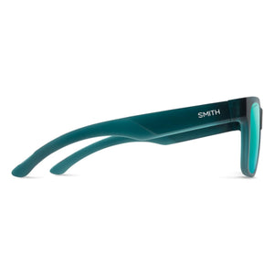 Side view of Smith sunglasses with teal frames and green lenses