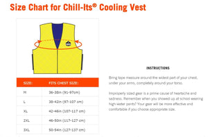 Size chart for Chill-Its cooling vest showing chest measurements for sizes medium through 3XL