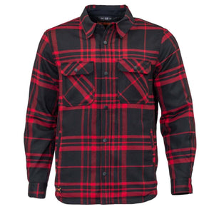 Mobile Warming red and black plaid long sleeve button up shirt with two chest pockets