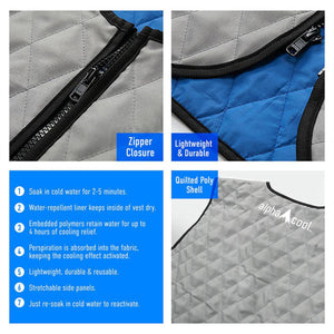 AlphaCool cooling vest features including zipper closure, quilted poly shell, and usage instructions