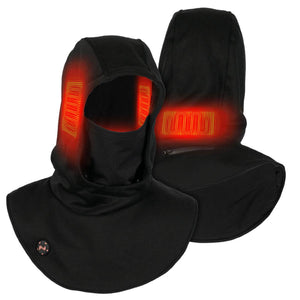 Black heated balaclava with glowing red heating elements on the sides and back