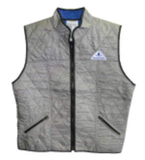 Grey quilted vest with black trim and front zipper closure