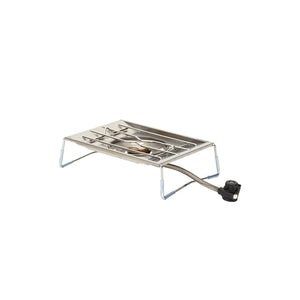 Snow Peak stainless steel camping stove with burner and fuel hose