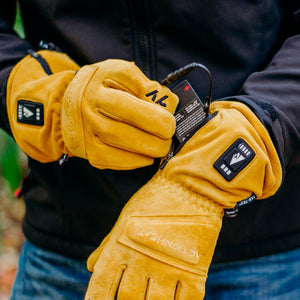 ActionHeat yellow suede heated gloves with battery pack inserted into cuff