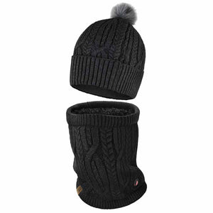 ActionHeat black cable knit beanie with pom pom and matching neck warmer