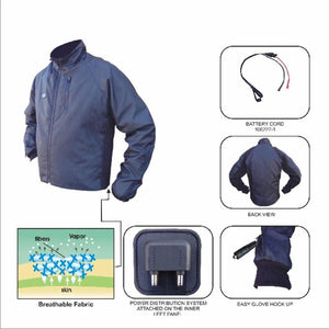Blue heated jacket with battery cord, back view, power distribution system, and glove hook up details