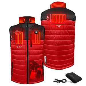 ActionHeat red and black heated vest showing heating element dimensions and battery pack