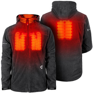 Gerbing heated hoodie showing front and back heating elements in orange glow
