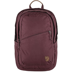 FjallRaven burgundy backpack with diagonal front zipper pocket and top handle