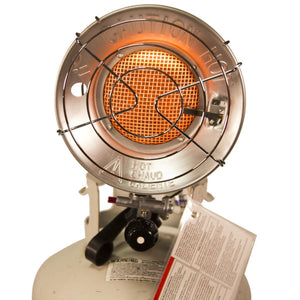 Propane tank mounted radiant heater with glowing orange mesh burner