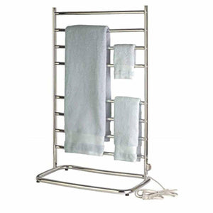 WarmRails freestanding chrome towel warmer with two hanging towels