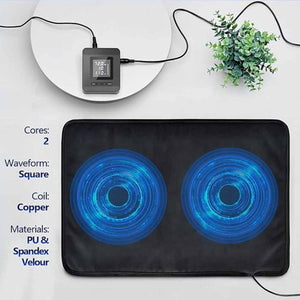Black rectangular therapy mat with two glowing blue circular coils and digital controller