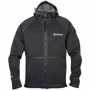 Stormr black hooded jacket with front zipper and pockets