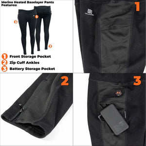 Fieldsheer merino heated baselayer pants showing front pocket zip cuff and battery storage pocket features