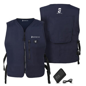Gerbing navy blue heated vest with front and back views and battery pack