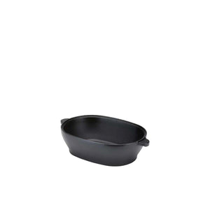 Black oval cast iron roasting pan with side handles