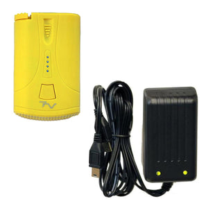 Yellow portable battery pack with black charging cable and power adapter