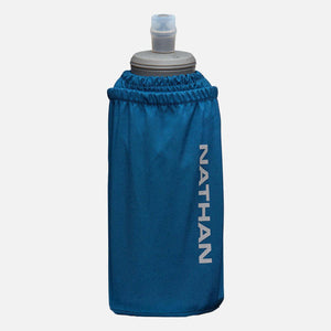 Nathan blue handheld water bottle with grey cap and nozzle