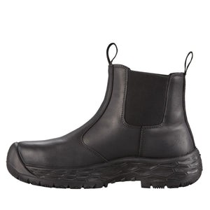 Black leather slip on safety boot with elastic side panels and textured rubber sole