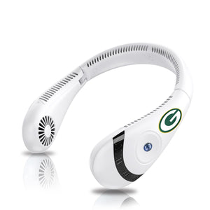 White wearable neck fan with Green Bay Packers logo
