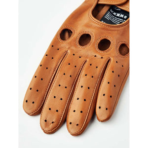 Tan leather driving gloves with knuckle cutouts and perforated fingers