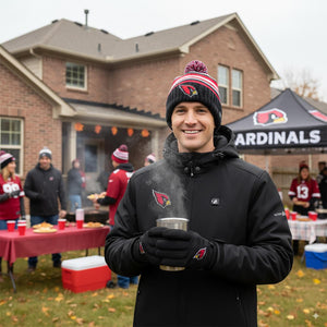 Man wearing Arizona Cardinals branded winter gear holding a steaming mug at a tailgate party