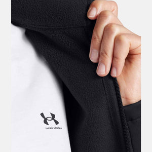 Close up of Under Armour black fleece jacket zipper and logo