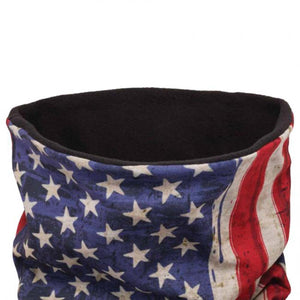 Neck gaiter with a distressed American flag print and black fleece lining