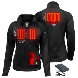 ActionHeat women's heated jacket showing heating element dimensions and battery pack
