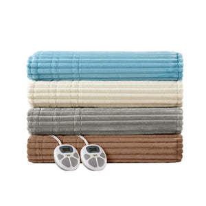 Stack of four folded Serta heated blankets in blue cream grey and brown with two digital controllers