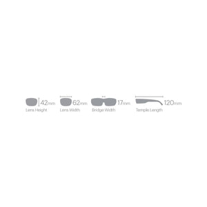 Smith Optics sunglasses size chart showing lens height 42mm lens width 62mm bridge width 17mm and temple length 120mm