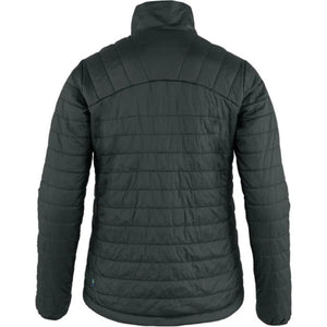 Back view of a black quilted Fjallraven jacket with a high collar
