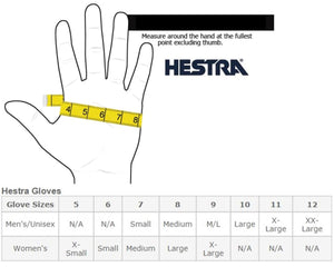 Hestra glove size chart showing hand measurement instructions and corresponding size table