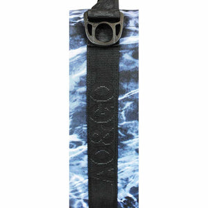 AO Coolers branded black webbing strap with D-ring on blue and white patterned cooler