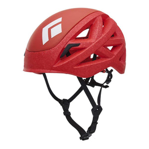 Black Diamond red climbing helmet with side vents and adjustable chin strap