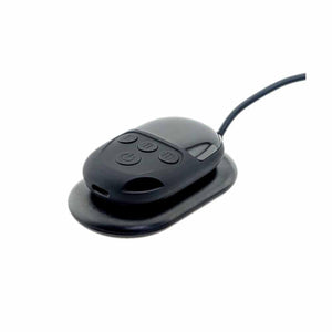Glovii black remote control with three buttons and a charging cable