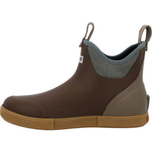 Brown waterproof ankle boot with tan rubber sole and grey fabric collar