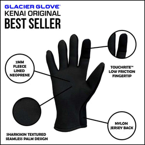 Glacier Glove Kenai Original features fleece lined neoprene sharkskin palm and touchrite low friction fingertip
