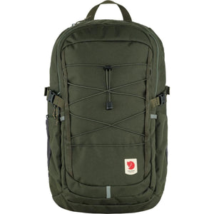 Fjallraven green backpack with front bungee cord system and logo patch