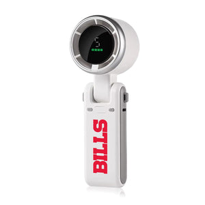 White handheld portable fan with digital battery display and Bills logo