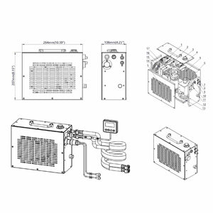 CompCooler technical diagram showing dimensions and internal components of a cooling unit